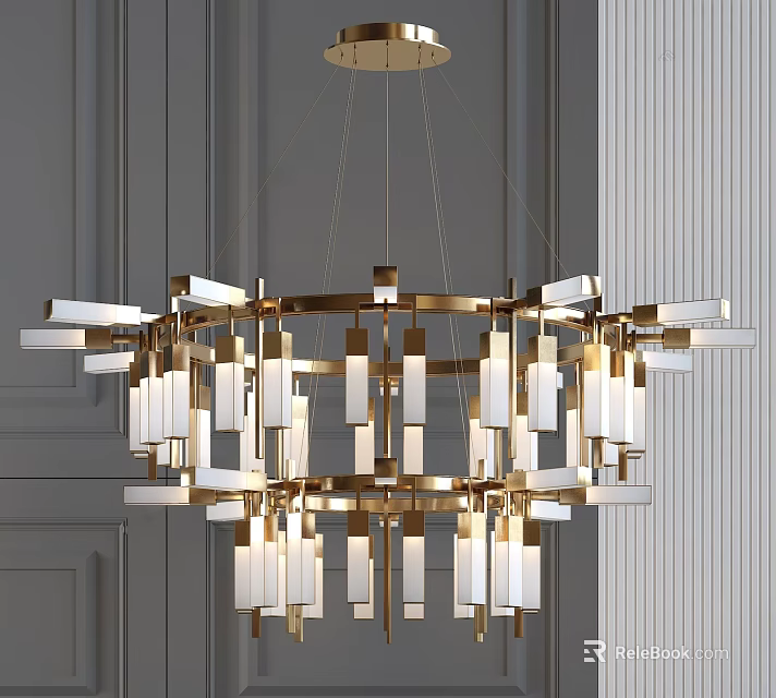 Modern Geometric Layered Chandelier With Gold Frame And White Glass Shades 3d model 
