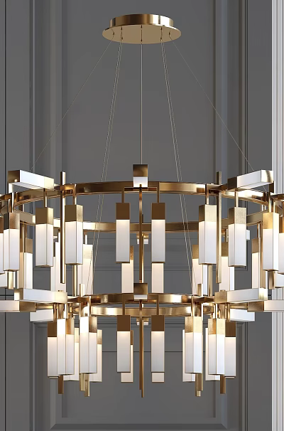 Modern Geometric Layered Chandelier With Gold Frame And White Glass Shades 3d model
