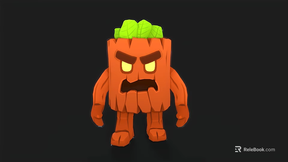 Cartoon Orange Shrub Character Featuring Green Leaves Angry Expression And Limbs 3d model 
