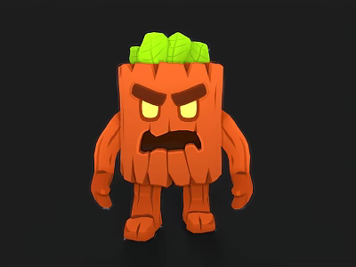 Cartoon Orange Shrub Character Featuring Green Leaves Angry Expression And Limbs 3d model