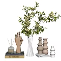 Decorative Ornament Set Featuring Green Plant White Vase Wooden Hand Decor Aromatherapy Books Ceramic Vases