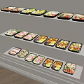 Assorted Meal Containers With Various Foods Displayed On White Shelves
