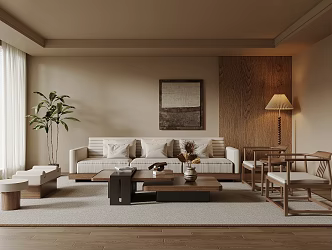 Antique Style Home Living Room Solid Wood Sofa Coffee Table Combination Leisure Sofa Chair Side Table Solid Wood Coffee Table Low Stool Curtain Floor Lamp Potted Plant Green Plant Carpet 3d model