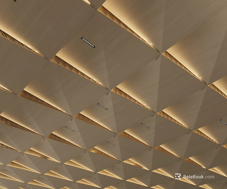 Modern Geometric Panel Ceiling With Recessed Lights And Linear Lighting 3d model 