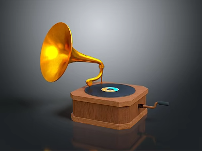 Vintage Gramophone Design With Golden Horn Wooden Base Vinyl Record And Hand Crank 3d model