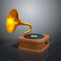 Vintage Gramophone Design With Golden Horn Wooden Base Vinyl Record And Hand Crank