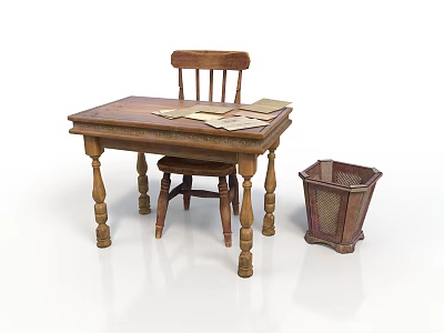 Wooden Desk And Chair With Papers On Top And Woven Trash Bin In Study Area 3d model