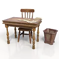 Wooden Desk And Chair With Papers On Top And Woven Trash Bin In Study Area