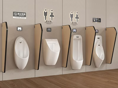Modern Urinals in Public Restroom with Wooden Dividers and Gender Signs 3d model