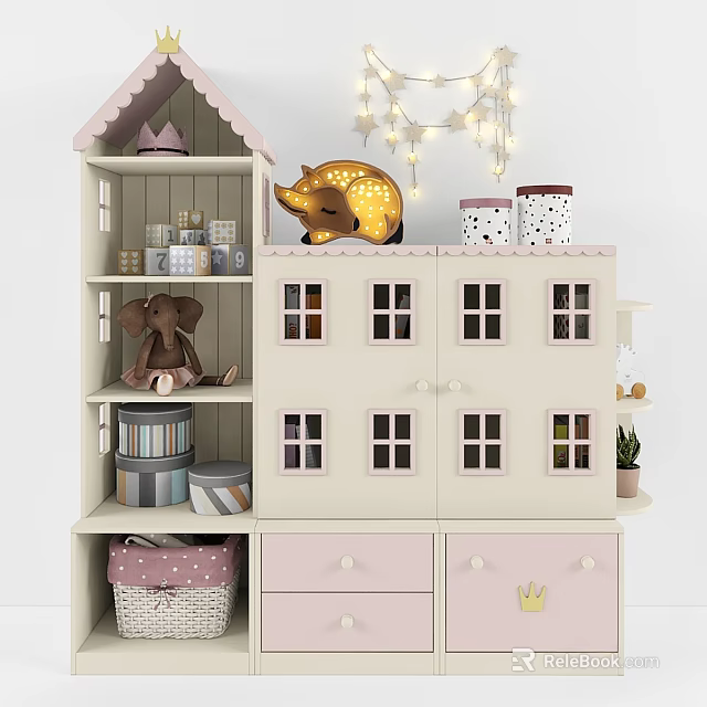 Pink House Shaped Children's Bed with Drawers Shelves Stuffed Animals String Lights and Crown Decor 3d model 