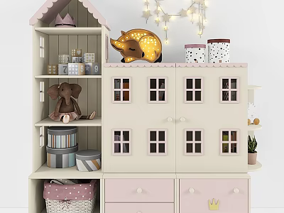 Pink House Shaped Children's Bed with Drawers Shelves Stuffed Animals String Lights and Crown Decor 3d model