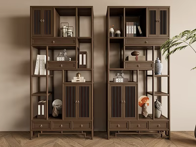 Chinese Wooden Etagere with Multi Shelves Drawers Displaying Vases Books Decorative Items in Living Room 3d model