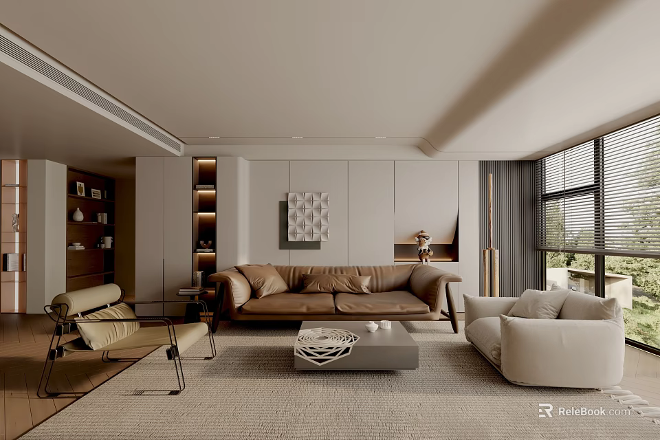 Modern Living Room Interior With Beige Sofa Coffee Table Decorative Painting And Window 3d model 