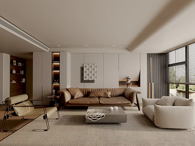 Modern Living Room Interior With Beige Sofa Coffee Table Decorative Painting And Window 3d model