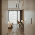 Modern Bedroom Interior Design With Wooden Bed Nightstand Desk Chair Large Windows And Curtains
