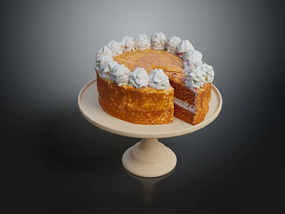 Sliced Cake With White Cream Decoration On Pedestal Stand Showing Layers 3d model