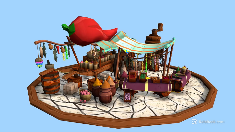 Cartoon Market Stall With Big Red Chili Pepper Striped Awning Jars Wooden Barrels And Spices 3d model 