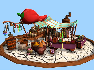 Cartoon Market Stall With Big Red Chili Pepper Striped Awning Jars Wooden Barrels And Spices 3d model