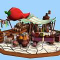 Cartoon Market Stall With Big Red Chili Pepper Striped Awning Jars Wooden Barrels And Spices