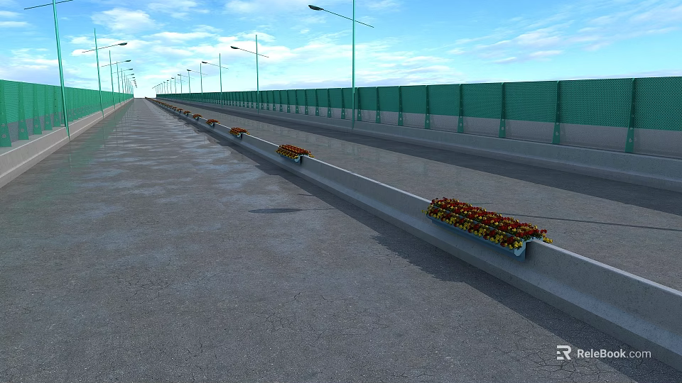 Modern Bridge Design With Urban Roadway Street Lights Green Barriers And Wide Path 3d model 