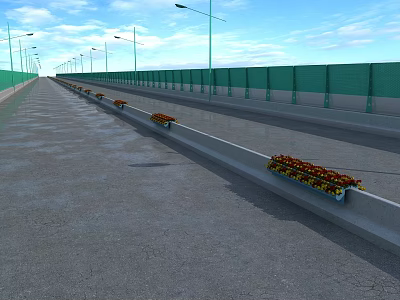 Modern Bridge Design With Urban Roadway Street Lights Green Barriers And Wide Path 3d model