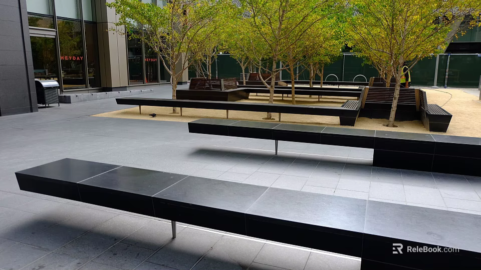 Modern Urban Garden Landscape Design With Trees Black Benches And Paved Area 3d model 