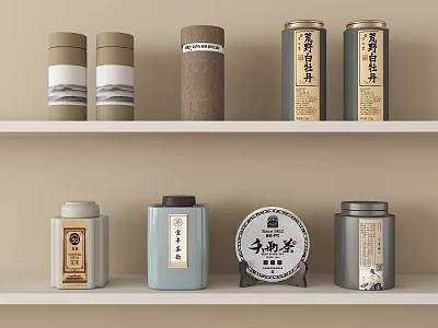 Ceramic Tea Canisters With Traditional Patterns And Various Colors On Shelves 3d model