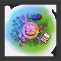 Cartoon Scenery with Pumpkin Lantern on Tree Stump Black Cat Colorful Mushrooms and Open Book