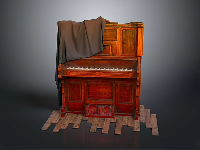 Vintage Wooden Piano Covered With Cloth On Scattered Wooden Planks 3d model