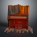 Vintage Wooden Piano Covered With Cloth On Scattered Wooden Planks