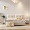 Modern Double Bed Interior With Beige Tufted Headboard Striped Bedspread And Wooden Nightstand Hanging Lamps