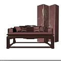 Traditional Chinese Wooden Daybed With Red Cushions And Bamboo Pattern Background