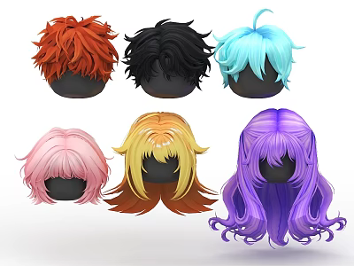 Colorful Cosplay Wigs with Red Black Blue Pink Yellow Purple Hairstyles 3d model