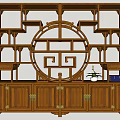 Traditional Chinese Wooden Display Shelf With Circular Openwork Design Multiple Tiers And Brass Handles