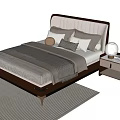 Modern Double Bed With Upholstered Headboard Pillows Brown Blanket Wooden Nightstand And Light Gray Rug