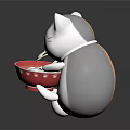Cute White Maneki Neko With Orange Patch Holding Red Bowl Of Noodles And Chopsticks