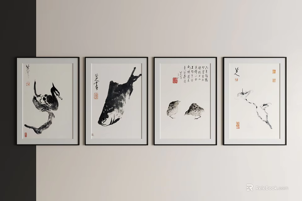 Four Framed Chinese Ink Style Animal Paintings Wall Art With Calligraphy Elements 3d model 