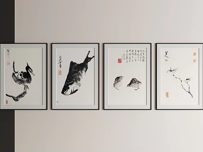 Four Framed Chinese Ink Style Animal Paintings Wall Art With Calligraphy Elements 3d model