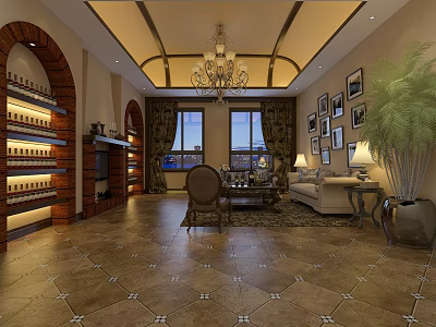 Retro American Style Living Room With Brick Wine Shelves And Elegant Cozy Interior Design 3d model