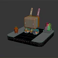 Square Robot Character with Pink Rabbit Ears and Green Cactus Plant on Display Platform