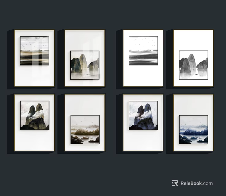 Eight Framed Landscape Paintings With Mountain Sea Rock And Scenery Artistic Wall Decor 3d model 