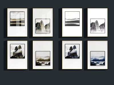 Eight Framed Landscape Paintings With Mountain Sea Rock And Scenery Artistic Wall Decor 3d model