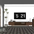 Modern Living Room With Wooden TV Stand Wall Mounted TV Plant Bookshelf And Patterned Rug