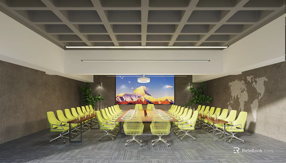 Conference Room Interior With Long Table Yellow Chairs Large Painting World Map And Green Plants 3d model 