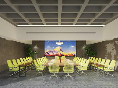Conference Room Interior With Long Table Yellow Chairs Large Painting World Map And Green Plants 3d model