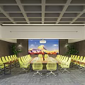 Conference Room Interior With Long Table Yellow Chairs Large Painting World Map And Green Plants