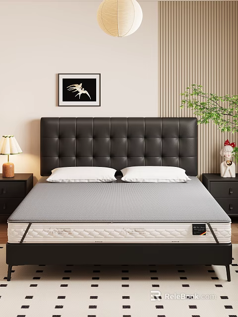 Gray Mattress In Bedroom With Black Tufted Headboard White Pillows Bedside Lamp And Green Plant 3d model 
