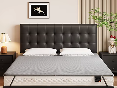 Gray Mattress In Bedroom With Black Tufted Headboard White Pillows Bedside Lamp And Green Plant 3d model