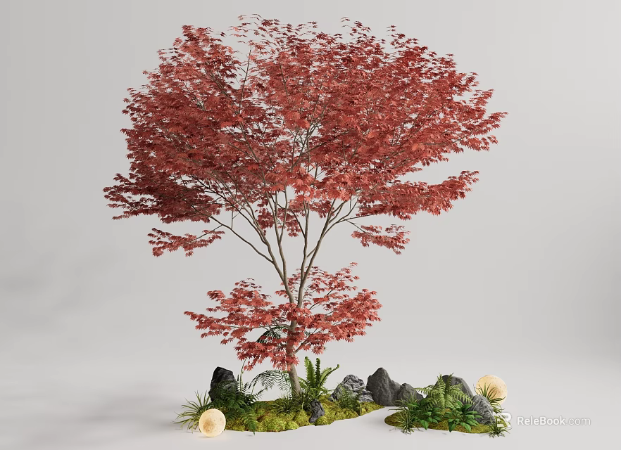 Natural Garden Ornament with Red Leaved Tree Stones Moss and Mushrooms 3d model 