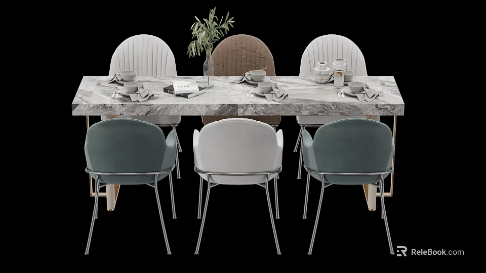 Dining Table Set With Marble Tabletop Colored Chairs Striped Backrests Tableware And Green Plant 3d model